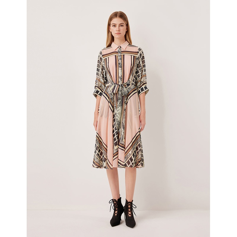 Collared Long Sleeve Belted Geometric Print Pleated Midi Shirt Dress