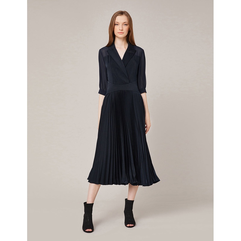 Dark Blue Lapel Collar Pleatd Dress