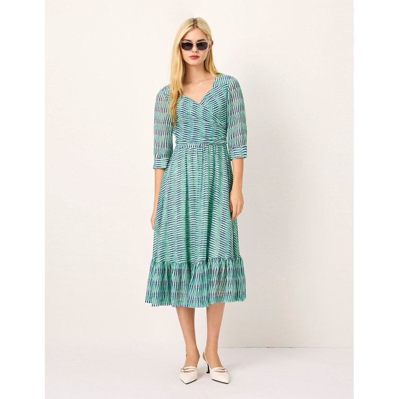 Diamond Neck Cross Empire-Waist Striped-Print Flounce Midi Dress
