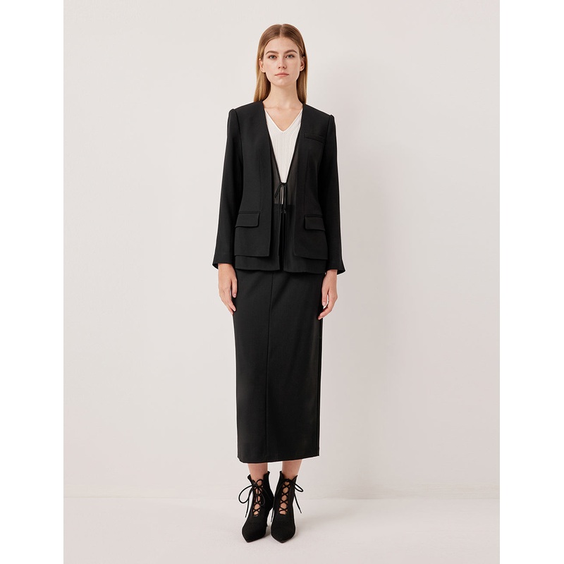 Double-Layered Collarless Long-Sleeve Tie Silk & Triacetate Blazer