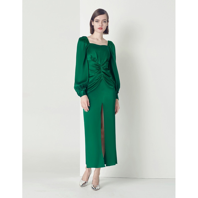 Emerald pleated fishtail long dress