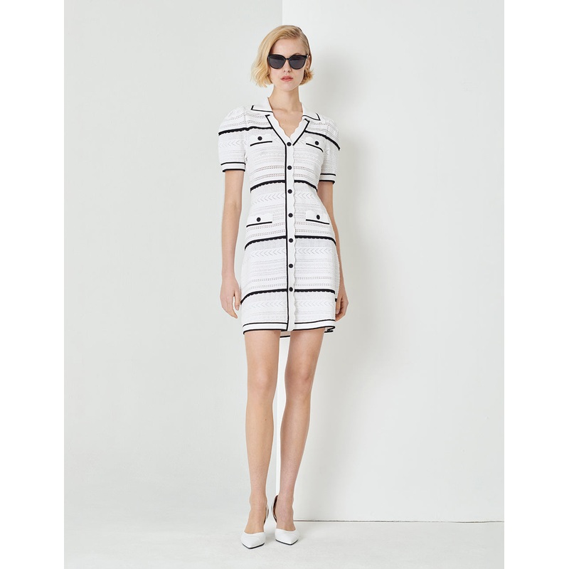 Lapel Black And White Knitted Dress