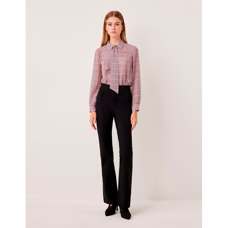 Lapel Bow-Tie Long Sleeve Plaid Sheer Blouse
