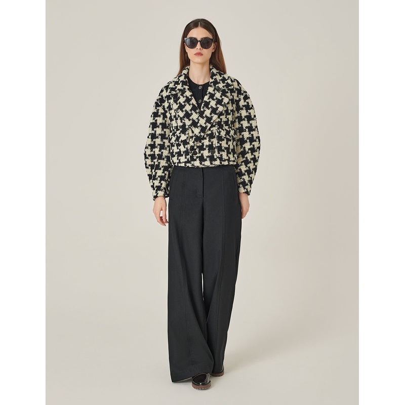 Lapel Long-Sleeve H-Shaped Houndstooth Cropped Coat