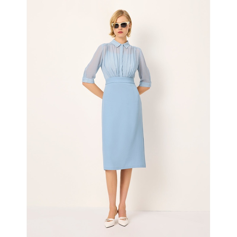 Lapel Pleated Empire-Waist Midi Shirt Dress