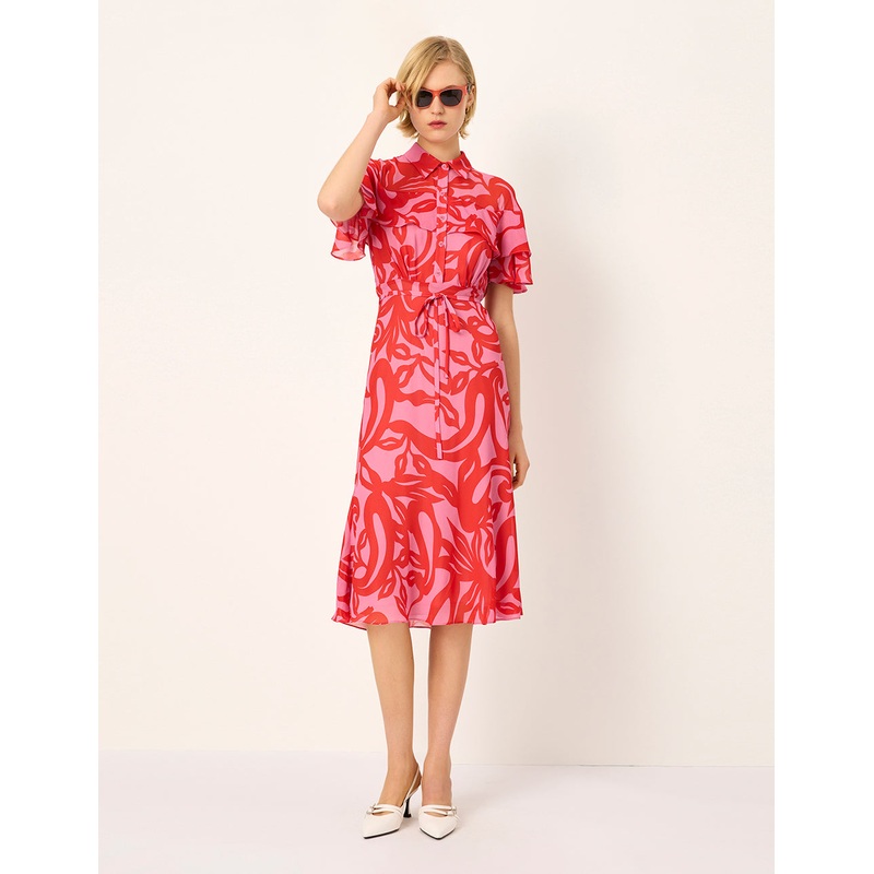 Lapel Ruffle Short-Sleeve Floral Print Shirt Midi Dress