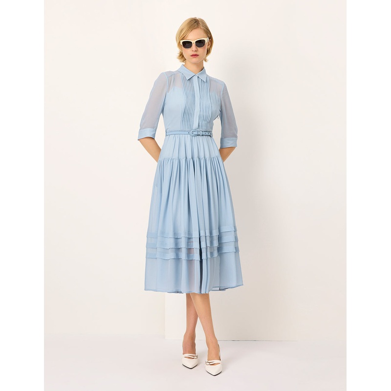 Lapel Sheer Overlay Pin-Tuck Paneled Pleated Midi Shirt Dress