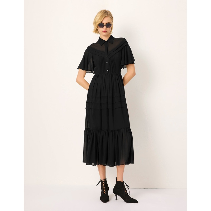 Lapel Sheer Overlay Ruffled Short-Sleeve Pin-Tuck Empire-Waist Pleated Midi Dress