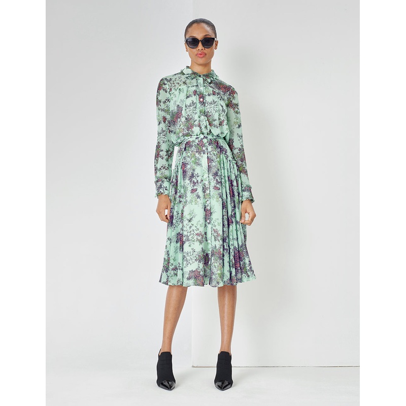 Light Green Summer Jungle Ruffle Edge Small Floral Print Shirt