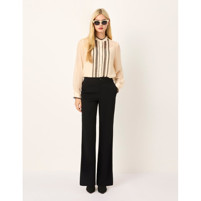 Mandarin Collar Long-Sleeve Lace-Ruffle-Trim Silk Blouse