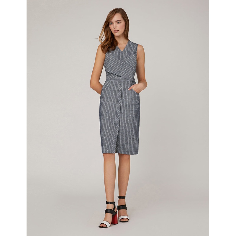 Overlapping waistband striped sleeveless dress