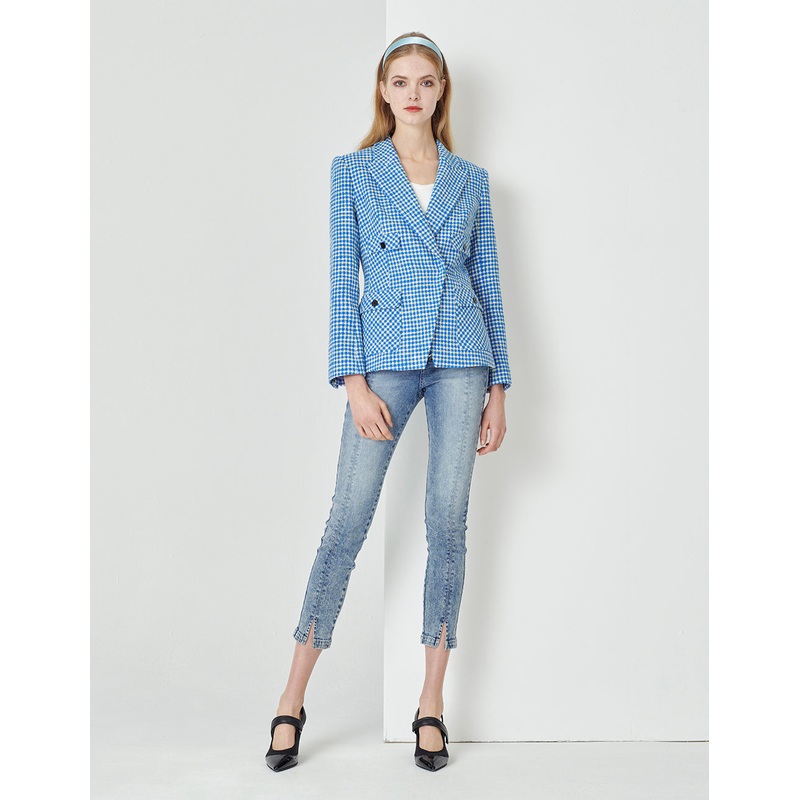 Peak Lapels Blue And White Checks Slim Fit With Button Pockets Blazer