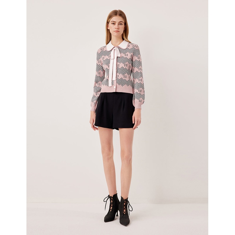 Peter Pan Collar Long Puff Sleeve Pink Garden Print Knit Cardigan
