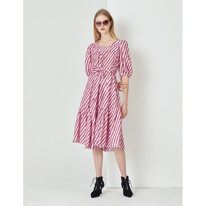 Pink Bubble Square Neck Puff Sleeve Print Dress