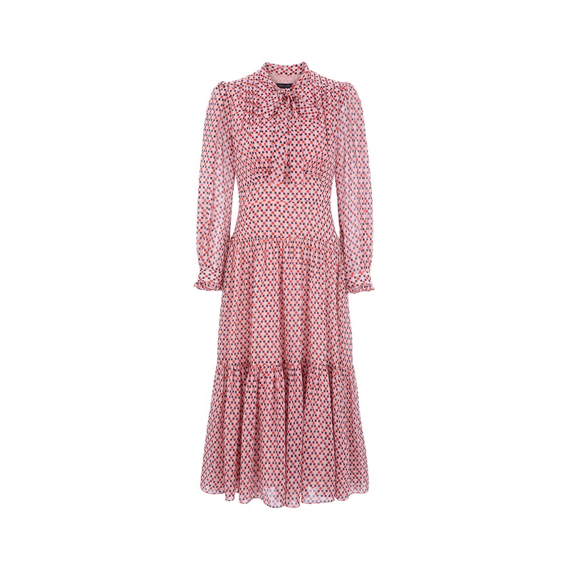 Pink Small Square Dot Grid Tie Waist And Large Swing Long-Sleeved Dress
