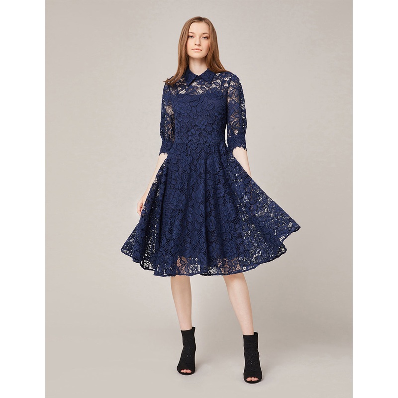 PUFF SLEEVE SHIRT COLLAR LACE MIDI DRESS