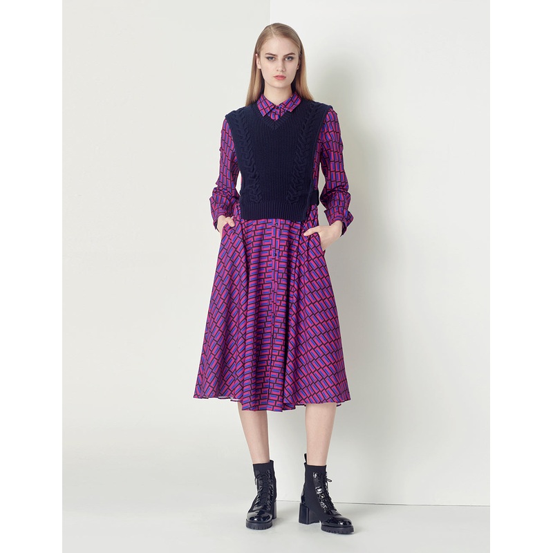 Red And Blue Block Knitted Shirt Dress