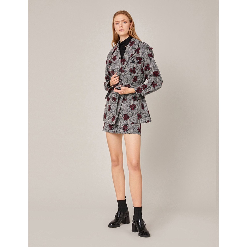 ROSE PATTERN JACQUARD SELF-BELT JACKET