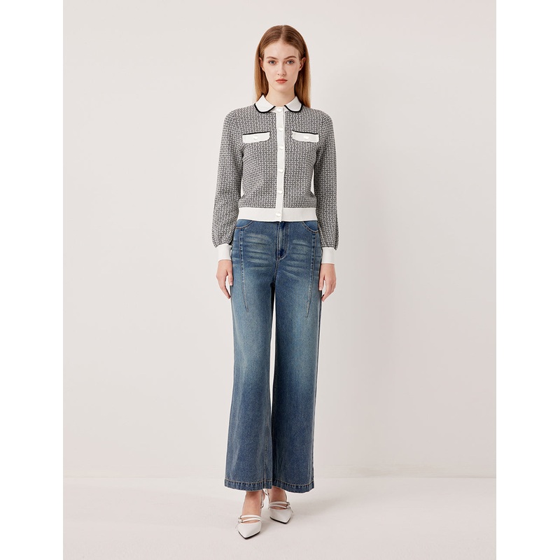 Round Neck Long-Sleeve Houndstooth with 2 Pockets Knit Cardigan