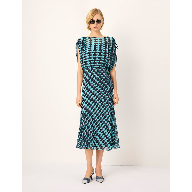 Round Neck Short-Sleeve Geometric Print Empire-Waist Midi Dress