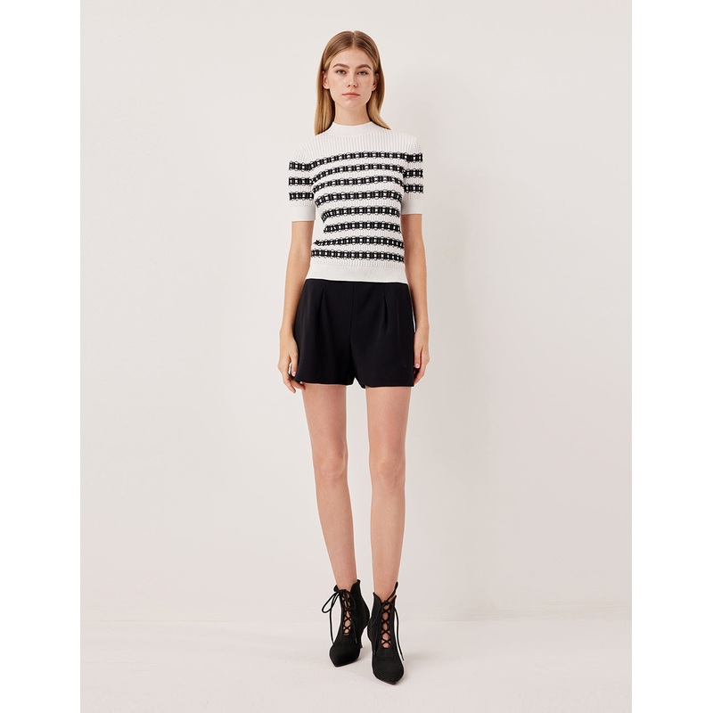 Round Neck Short Sleeve Lace Textured Stripe Knit Top
