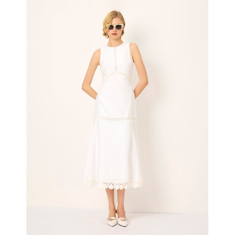 Round Neck Sleeveless Empire-Waist Lace Ruffle-Trim Midi Dress