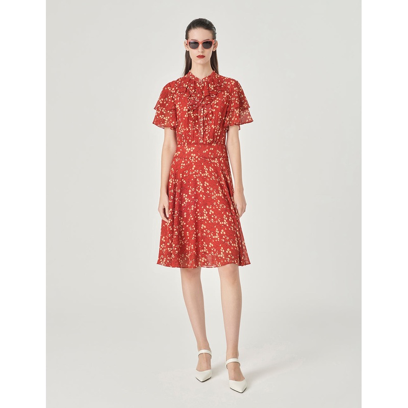 Ruffle Bow Neck Short Sleeve Dress