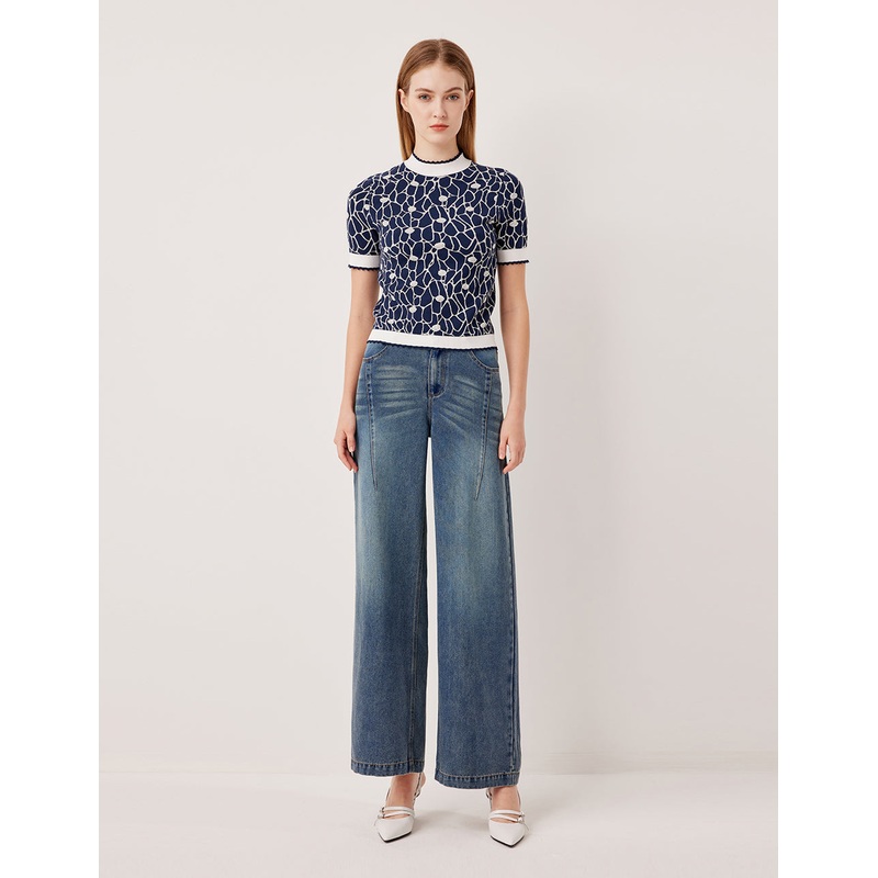 Ruffled Half-Turtleneck Short-Sleeved Glass Bead Print Knit Pullover