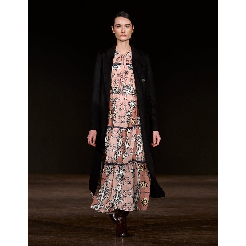 Ruffled V-Neck Short-Sleeve Empire-Waist  Geometric Print Pleated Midi Dress