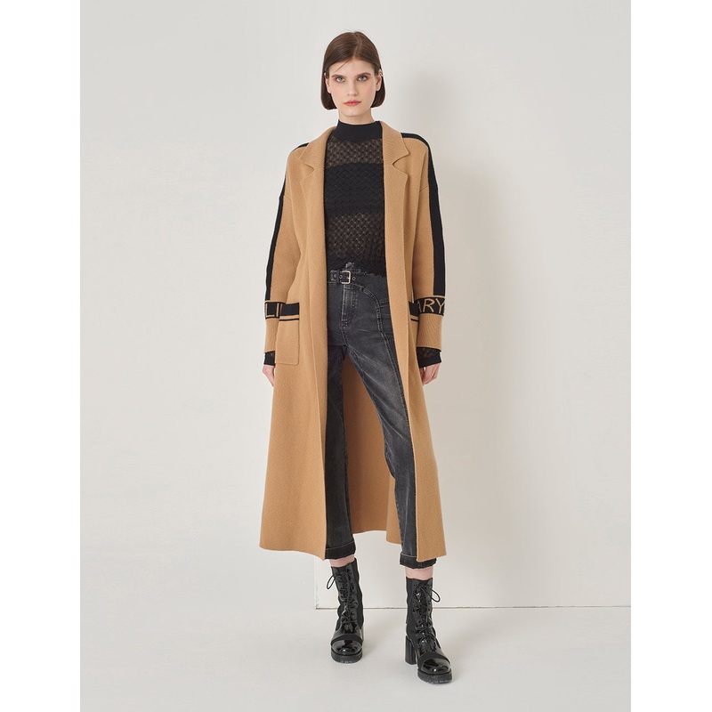 Sand Jacquard Sleeve Trim Knit Coat