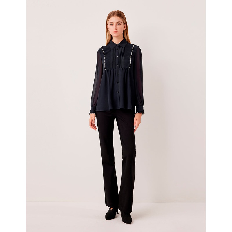 Sheer Long-Sleeved Pintuck Ruffle-Trim Silk Blouse