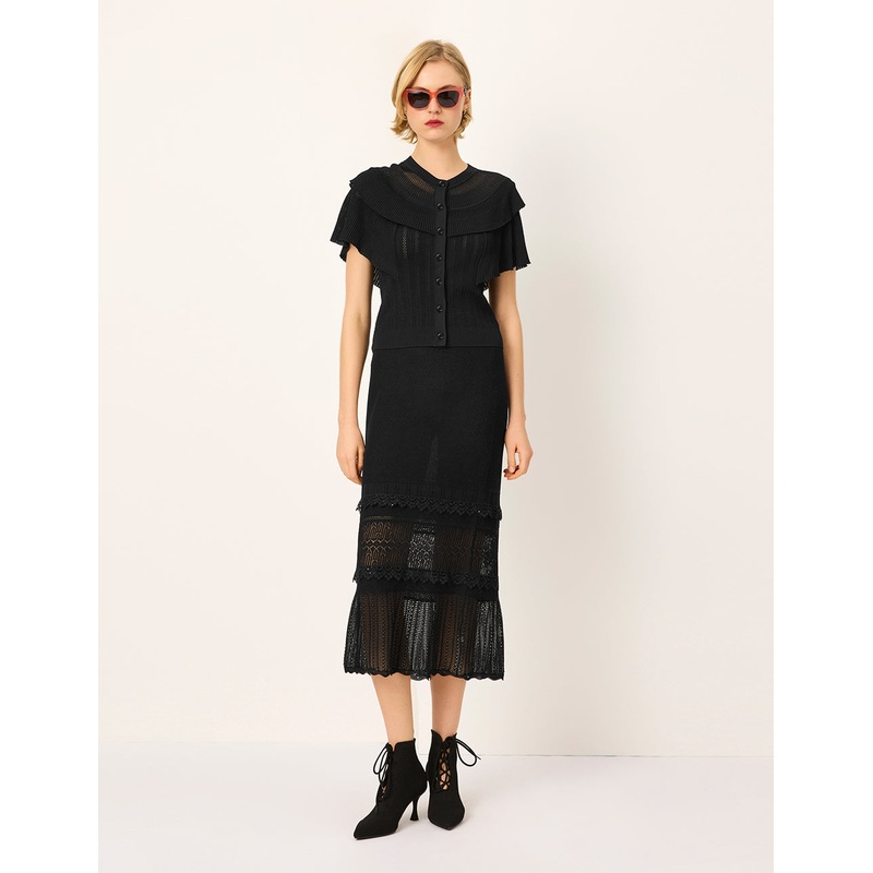 Straight Lace Insert See-Through Knee-Length Skirt