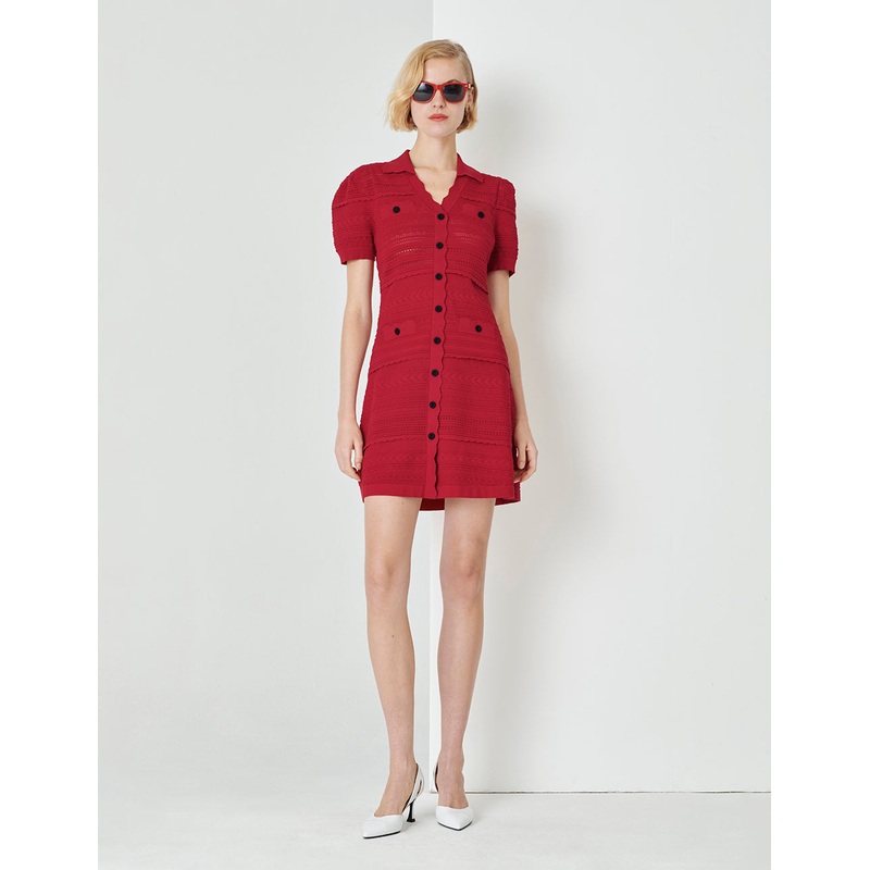 Summer lapel red knitted dress