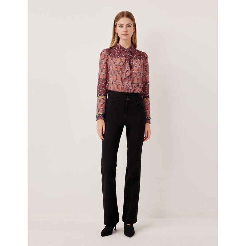 Tie-Neck Long Sleeve Geometric Print Blouse