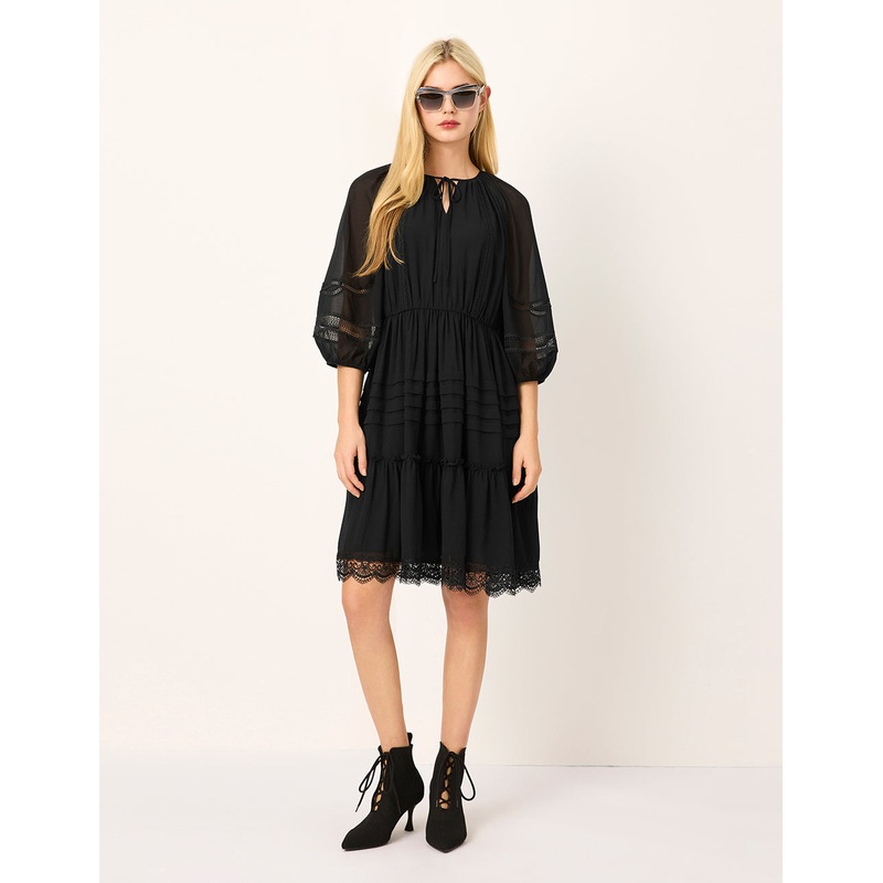 Tie V-Neck Sheer Puff Long-Sleeves Empire-Waist Lace-Trim Flounce Silk Midi Dress
