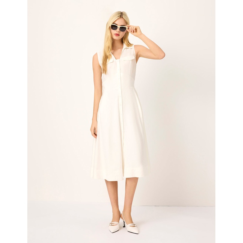 V-Collar Sleeveless Shift Midi Dress