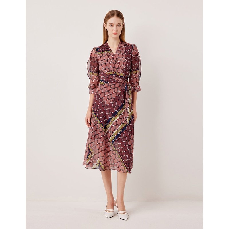 V-Neck 3/4 Sleeve Wrap Midi Dress with Geometric Print
