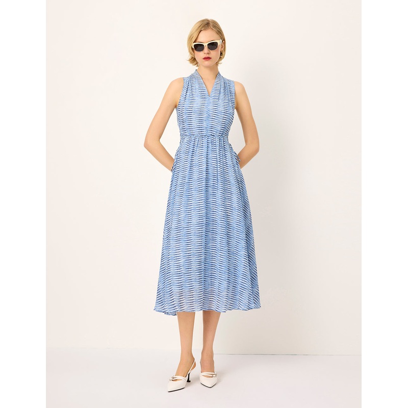 V-Neck Belted Sleeveless Striped Pleated Midi Dress