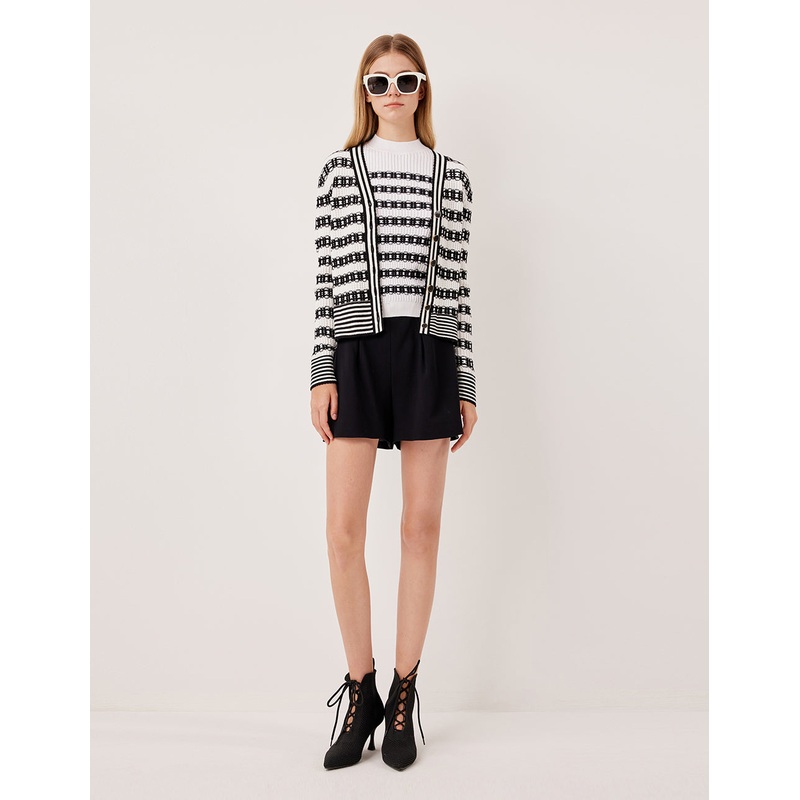 V-Neck Long Sleeve Lace Textured Stripe Knit Cardigan