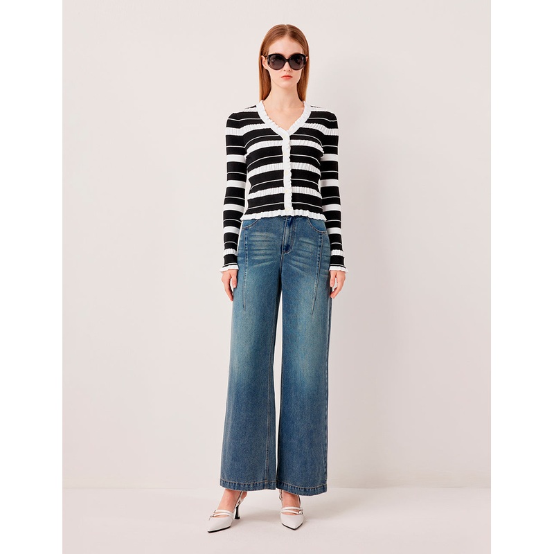 V-neck Long-Sleeve Pleated Black & White Striped Contrast knitted cardigan