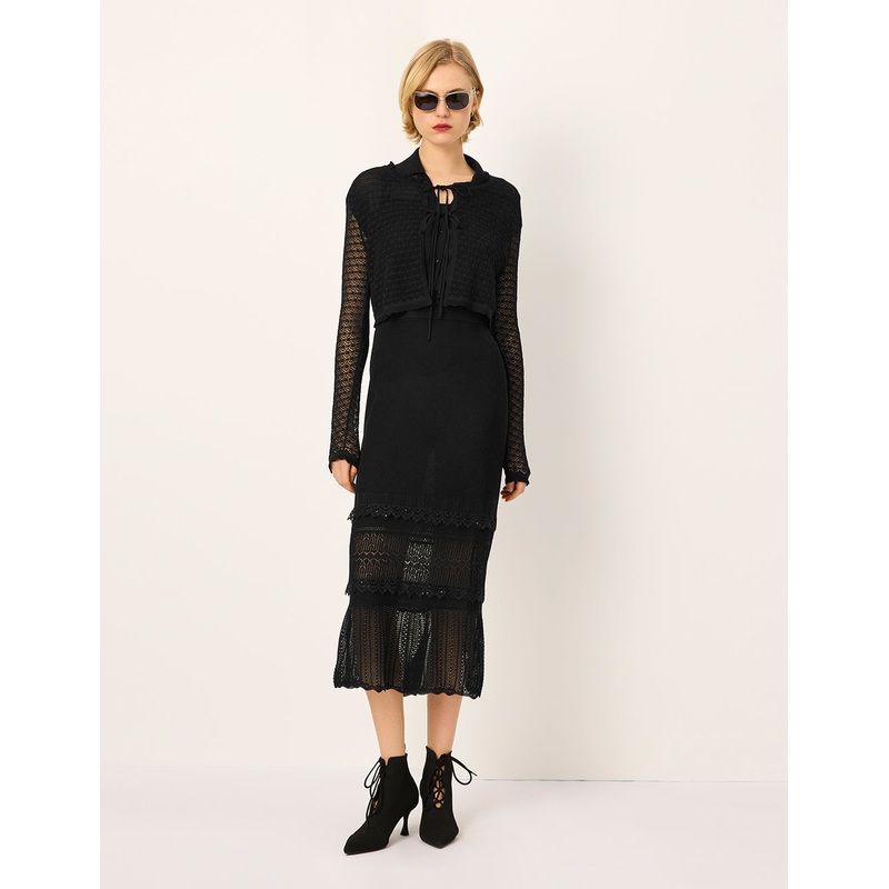 V-Neck Long-Sleeve Sheer Hollow Knit Cardigan