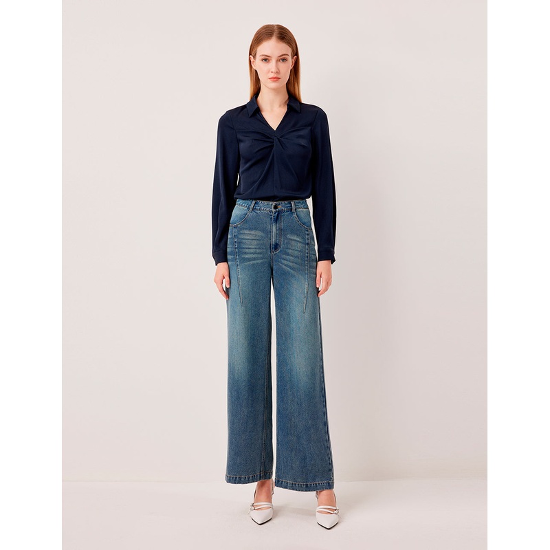 V-Neck Long-Sleeved Twisted Silk Blouse