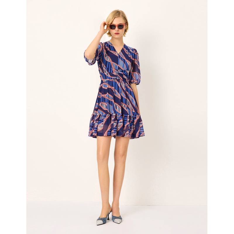 V-Neck Puff Short Sleeve Striped Print Pleated Flounce Midi Dress