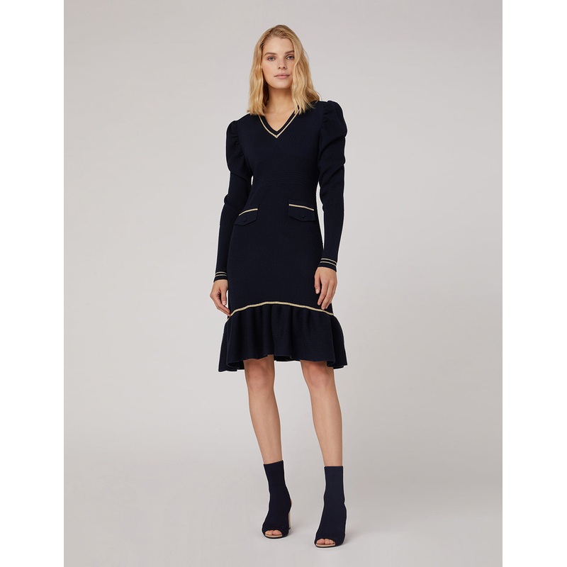 V-NECK PUFF SLEEVE KNITTED DRESS