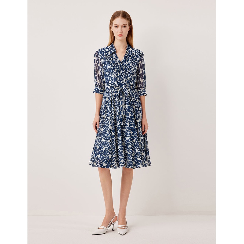 V-Neck Puff Sleeve Pin Tuck Glass-Bead Print Shirt Dress
