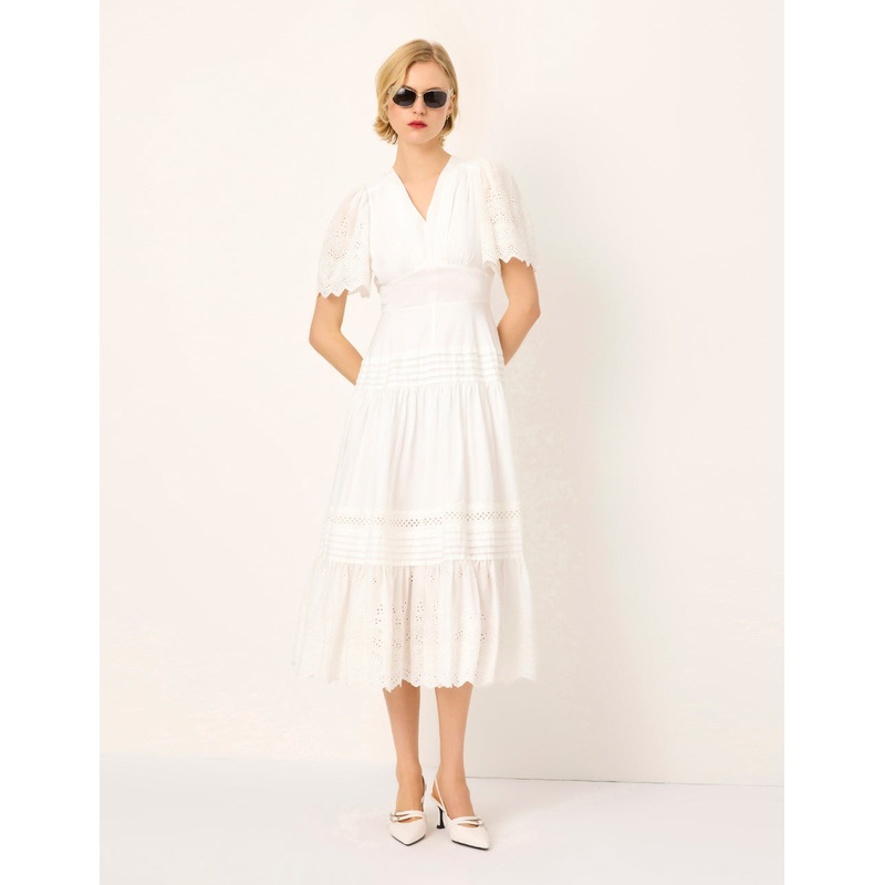 V-Neck Short-Sleeve Lace Empire-Waist Flounce Midi Dress