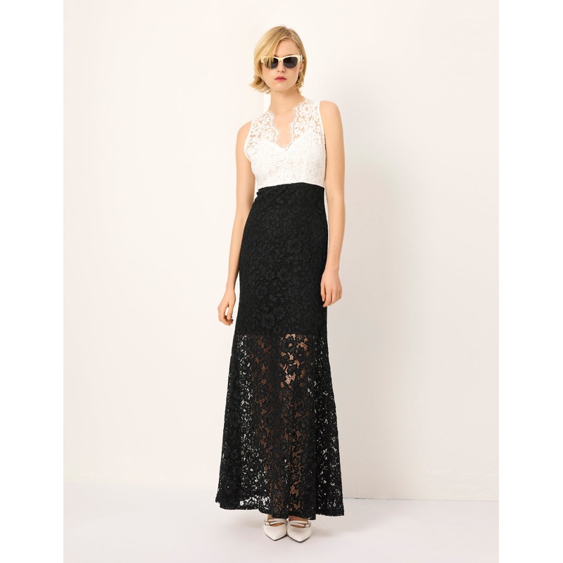 V-Neck Sleeveless Black & White Contrast Knit Midi Lace Dress