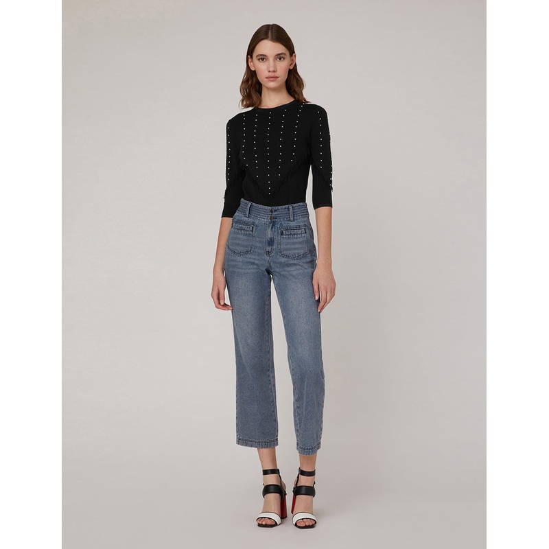 V shape round neck middle sleeves knit top