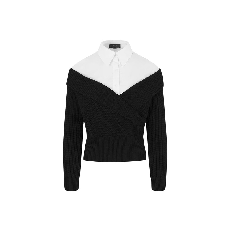 Black And White V-Shaped Knit Woven Top