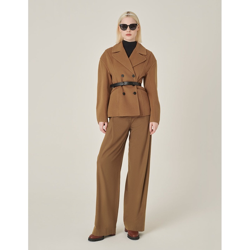 Camel Wide-Leg Pants With Side Pleats